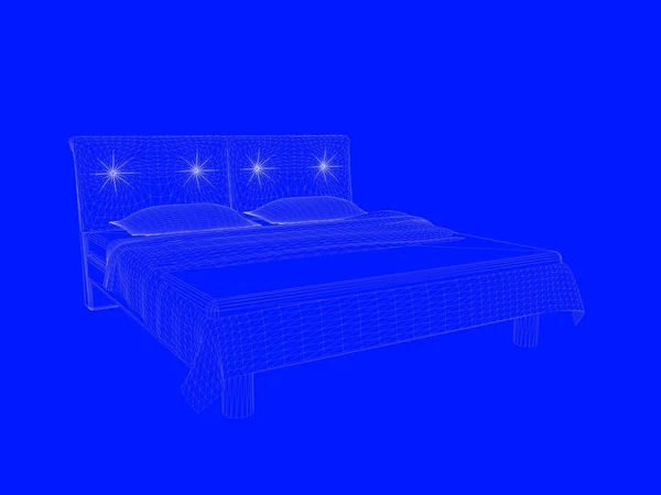 Renderização 3d de um modelo de cama como linhas em um fundo azul — Fotografia de Stock