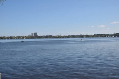 güneşli bir günde yeşil su ve güzel doğa ile hamburg