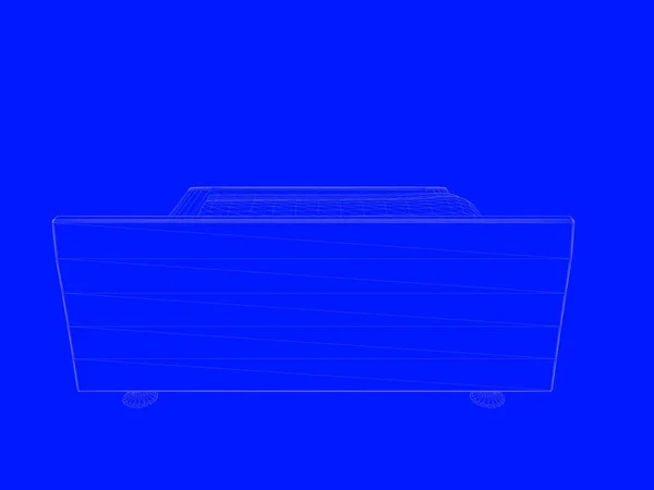 3D vykreslování postel Blueprint jako čáry na modrém pozadí — Stock fotografie