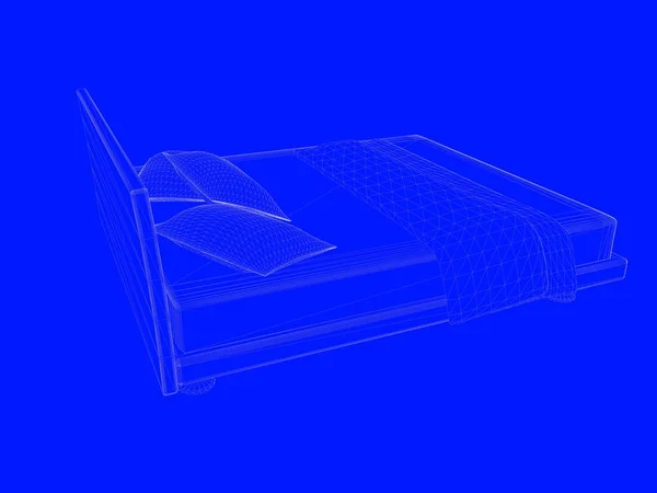 Representación 3d de un modelo de cama como líneas sobre un fondo azul — Foto de Stock