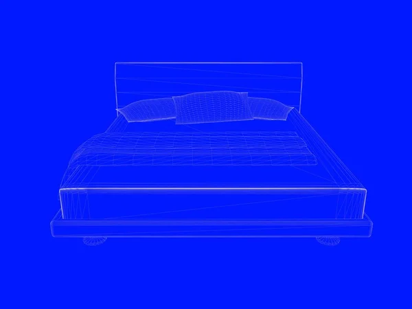 Representación 3d de un modelo de cama como líneas sobre un fondo azul — Foto de Stock