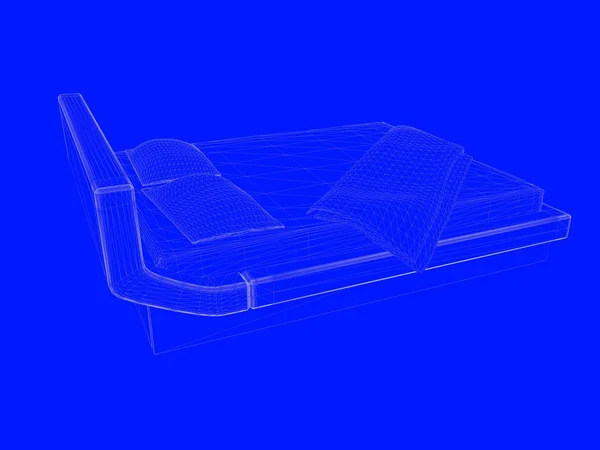 Representación 3d de un modelo de cama como líneas sobre un fondo azul —  Fotos de Stock