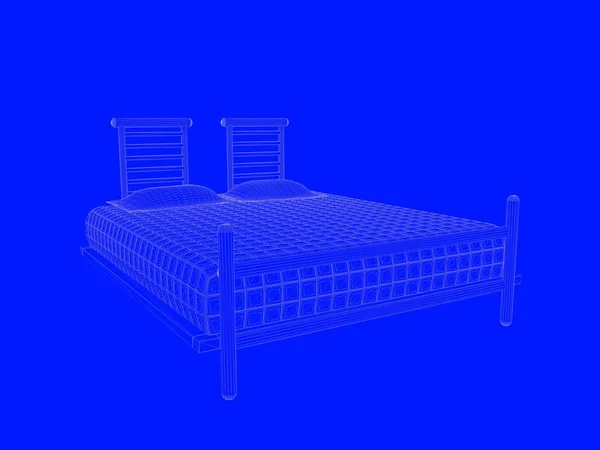 Representación 3d de un modelo de cama como líneas sobre un fondo azul — Foto de Stock