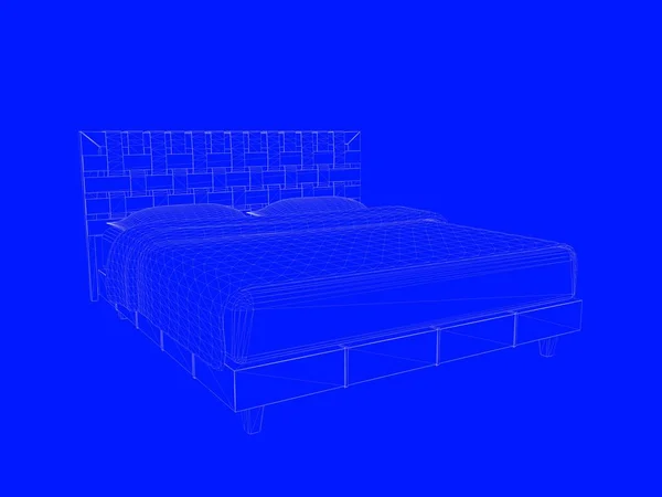 Renderização 3d de um modelo de cama como linhas em um fundo azul — Fotografia de Stock