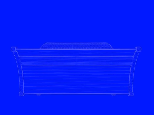 3d. 将床蓝图渲染为蓝色背景上的线条 — 图库照片