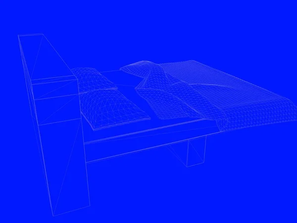 Representación 3d de un modelo de cama como líneas sobre un fondo azul — Foto de Stock