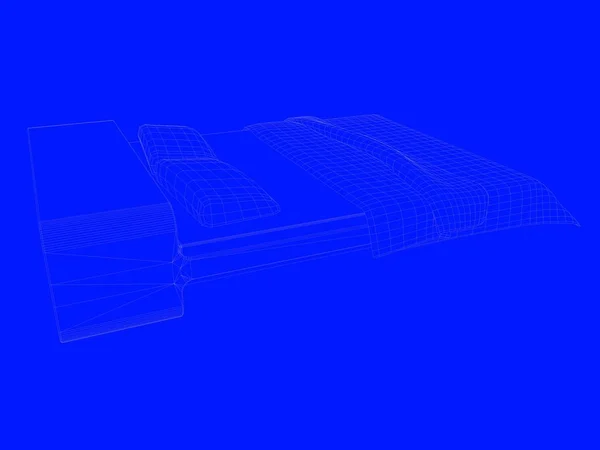 3d. 将床蓝图渲染为蓝色背景上的线条 — 图库照片