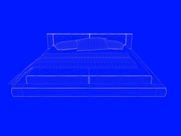 Representación 3d de un modelo de cama como líneas sobre un fondo azul — Foto de Stock