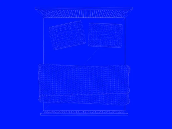 파란색 배경에 선으로 침대 청사진의 3d 렌더링 — 스톡 사진