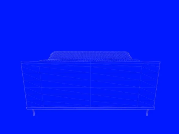 파란색 배경에 선으로 침대 청사진의 3d 렌더링 — 스톡 사진
