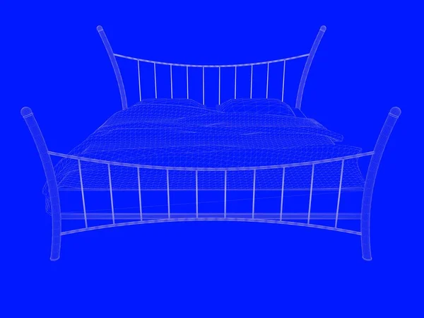 3D-weergave van de blauwdruk van een bed als lijnen op een blauwe achtergrond — Stockfoto