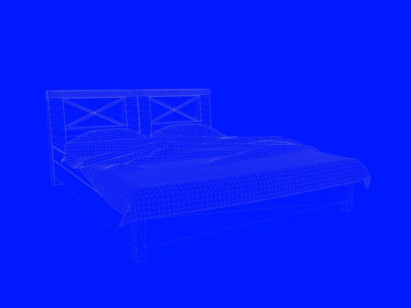 3d. 将床蓝图渲染为蓝色背景上的线条 — 图库照片