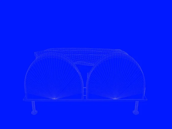 3d. 将床蓝图渲染为蓝色背景上的线条 — 图库照片