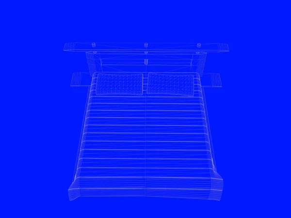 3D visszaadás-ból egy ágy blueprint sorokként kék háttérrel — Stock Fotó
