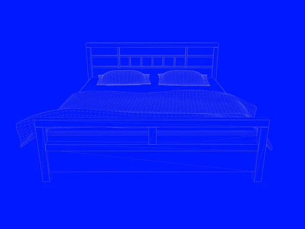 Representación 3d de un modelo de cama como líneas sobre un fondo azul — Foto de Stock