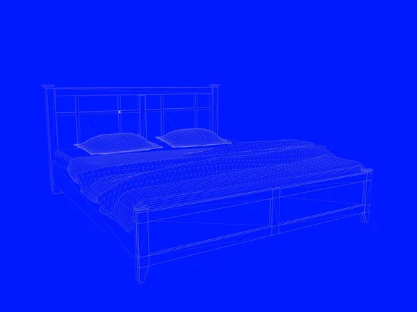 Representación 3d de un modelo de cama como líneas sobre un fondo azul —  Fotos de Stock