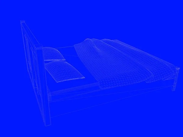 Rendering 3d dari cetak biru tempat tidur sebagai garis di latar belakang biru — Stok Foto