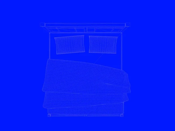 Τρισδιάστατη απεικόνιση του ένα κρεβάτι σχέδιο ως γραμμές πάνω σε μπλε φόντο — Φωτογραφία Αρχείου