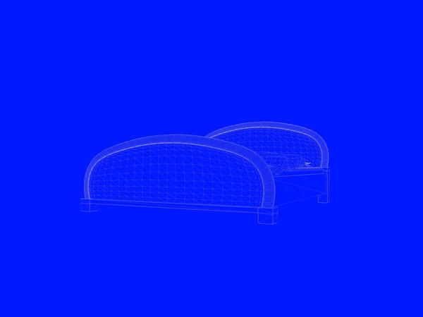 Representación 3d de un modelo de cama como líneas sobre un fondo azul — Foto de Stock