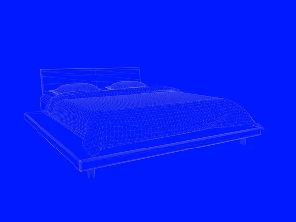 3d rendering of a bed blueprint as lines on a blue background — Stock Photo, Image