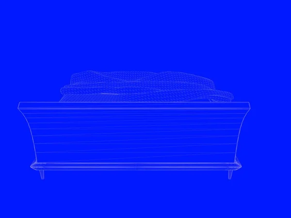 Representación 3d de un modelo de cama como líneas sobre un fondo azul —  Fotos de Stock