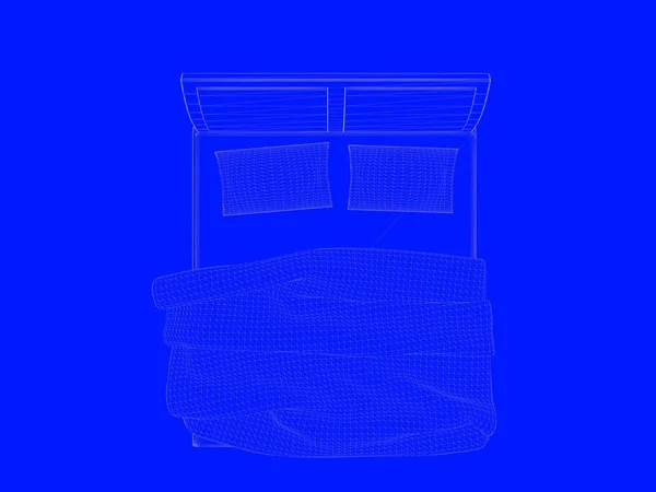 Representación 3d de un modelo de cama como líneas sobre un fondo azul —  Fotos de Stock
