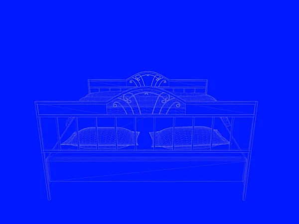 Renderização 3d de um modelo de cama como linhas em um fundo azul — Fotografia de Stock