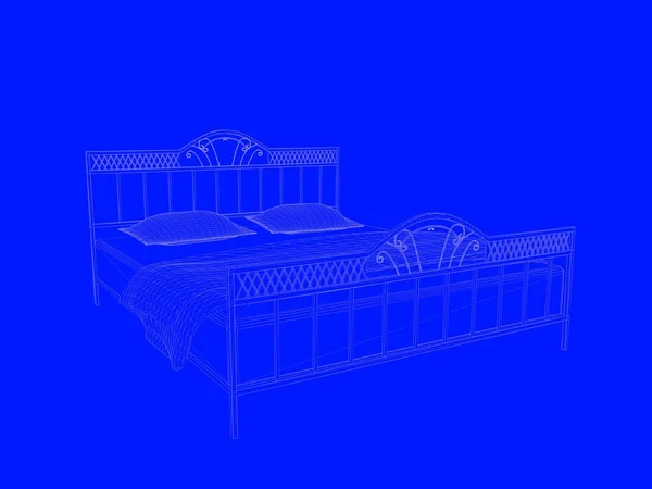 3d rendering of a bed blueprint as lines on a blue background — Stock Photo, Image