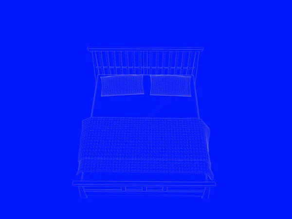 Representación 3d de un modelo de cama como líneas sobre un fondo azul —  Fotos de Stock