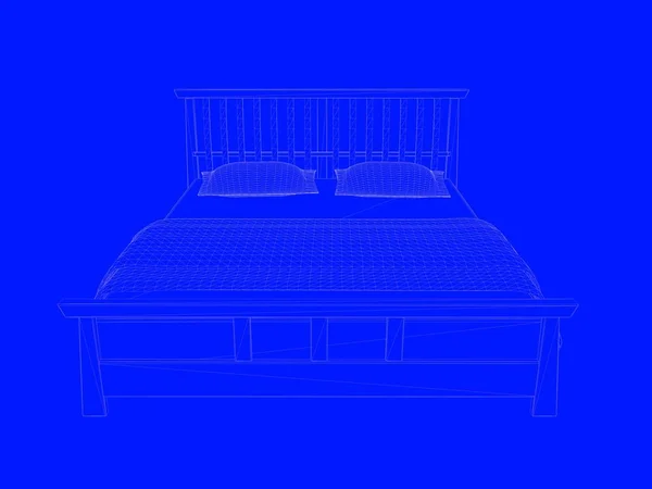 3D-weergave van de blauwdruk van een bed als lijnen op een blauwe achtergrond — Stockfoto