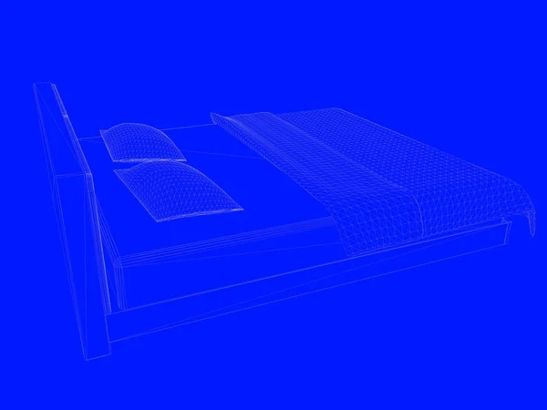 Representación 3d de un modelo de cama como líneas sobre un fondo azul — Foto de Stock