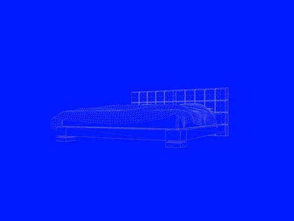 Rendering 3d dari cetak biru tempat tidur sebagai garis di latar belakang biru — Stok Foto