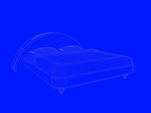 Renderização 3d de um modelo de cama como linhas em um fundo azul — Fotografia de Stock