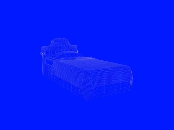 Renderização 3d de um modelo de cama como linhas em um fundo azul — Fotografia de Stock