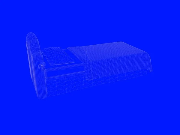 3d rendering of a bed blueprint as lines on a blue background — Stock Photo, Image