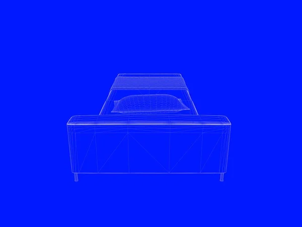 3d rendering of a bed blueprint as lines on a blue background — Stock Photo, Image