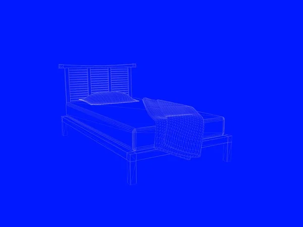 3d rendering of a bed blueprint as lines on a blue background — Stock Photo, Image