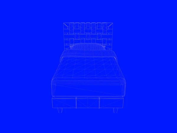 Renderização 3d de um modelo de cama como linhas em um fundo azul — Fotografia de Stock