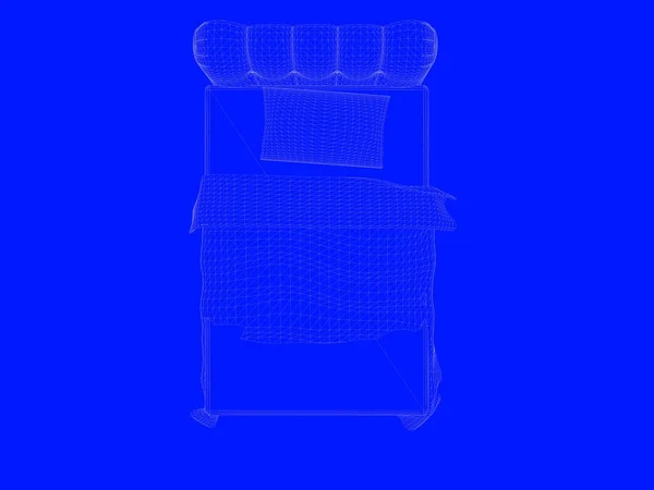 3d rendering of a bed blueprint as lines on a blue background — Stock Photo, Image