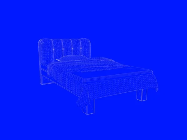 Representación 3d de un modelo de cama como líneas sobre un fondo azul — Foto de Stock