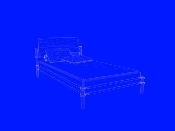 3D-weergave van de blauwdruk van een bed als lijnen op een blauwe achtergrond — Stockfoto