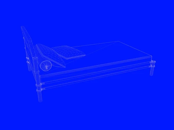 3D-rendering av en säng plan som linjer på en blå bakgrund — Stockfoto