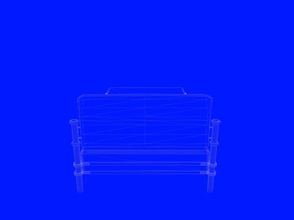 3D-Darstellung eines Bettbauplans als Linien auf blauem Hintergrund — Stockfoto