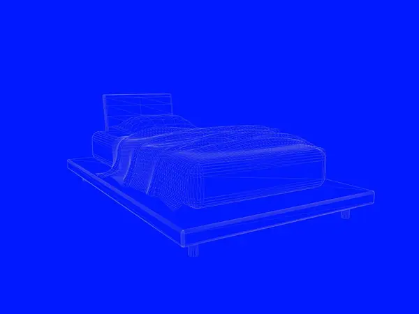 Representación 3d de un modelo de cama como líneas sobre un fondo azul — Foto de Stock