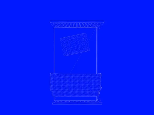 3D-рендеринг чертежа кровати в виде линий на синем фоне — стоковое фото