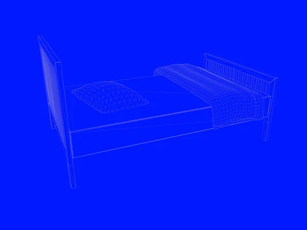 Representación 3d de un modelo de cama como líneas sobre un fondo azul — Foto de Stock