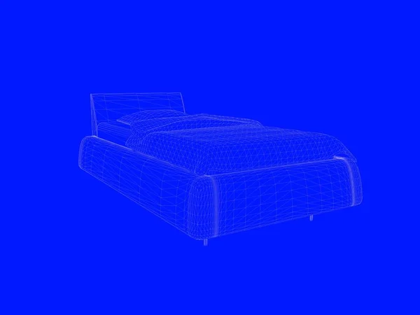 Representación 3d de un modelo de cama como líneas sobre un fondo azul — Foto de Stock