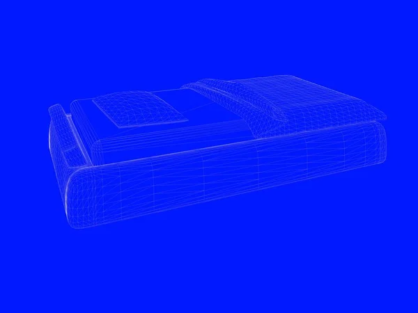 3d. 将床蓝图渲染为蓝色背景上的线条 — 图库照片