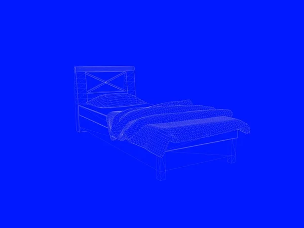 3d. 将床蓝图渲染为蓝色背景上的线条 — 图库照片