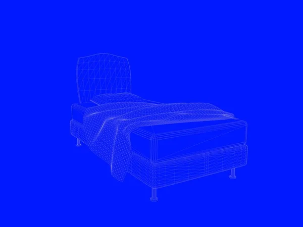 Representación 3d de un modelo de cama como líneas sobre un fondo azul — Foto de Stock